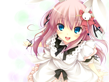 Himeji Mizuki - white, maid, pink hair, blue eyes, ribbons, bunny ears, bunny girl