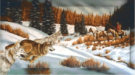 Native Friends - nature, art, native, animals, snow, indians, wolfs