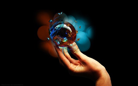 to give - crystal, hand, imagination, globe, butterflies