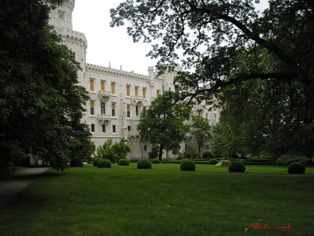 castle - road, tree, statue, castle, building