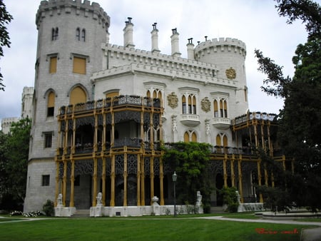 castle - road, tree, statue, castle, building