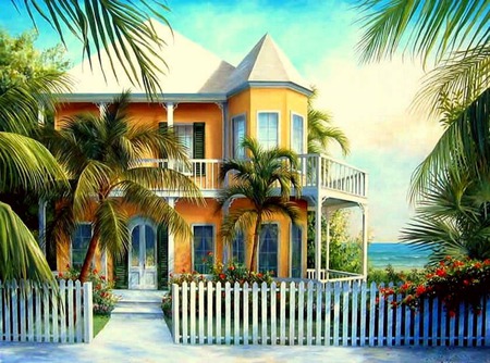 South Beach Maison - house, trees, water, sea, ocean, fence, flowers, sidewalk, palm trees