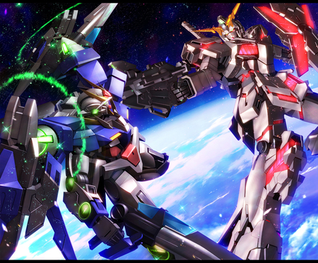 00 Raiser vs Unicorn - anime, destroy mode, gundam, earth, gundam unicorn, particle, space, gundam 00, red, green, mecha, 00 raiser