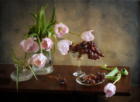 still life - nice, photography, tulips, bouquet, still life, cool, harmony, fruit, cup, pink, beautiful, jug, grapes, tulip, flowers, photo, flower