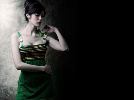 Green Dress - woman, sensual, green, brunette, mysterious, dress, model