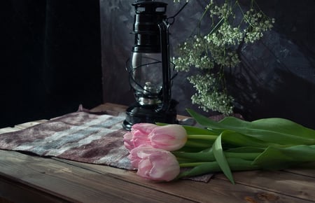 still life - nice, photography, tulips, wet, bouquet, still life, cool, lantern, pink, beautiful, tulip, flowers, old, photo, flower, drops