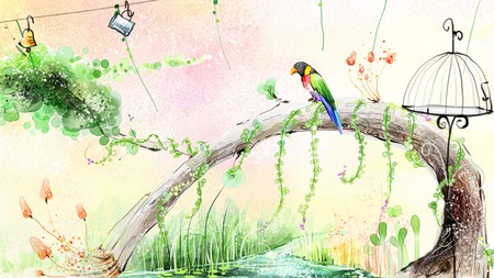 Summer Scene - bird cage, bird, summer, log, stream, spring, firefox persona, tree, flowers, cree