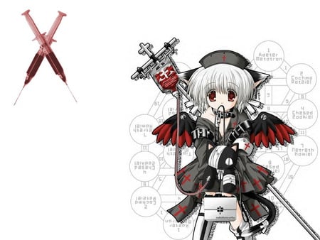 Neko angel - neko, cat, wings, blood, black, cross, white, pale, red, anime, cute