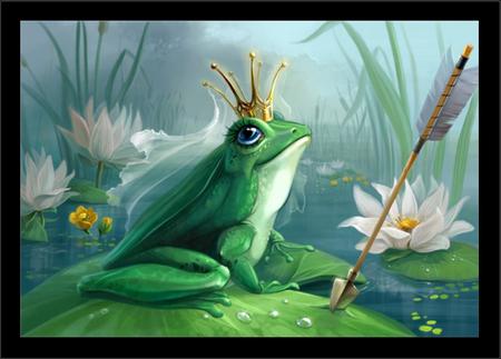 PRINCE CHARMING - legend, flowes, frog, water, crown, wonderful, fantasy, painting, pretty, petals, green, imagine, grasses, prince, pond, cute, arrow, love, droplets, lilies, lotus leaves, novels, lovely, nature, lotus, lily pad, charming, splendor, flowers