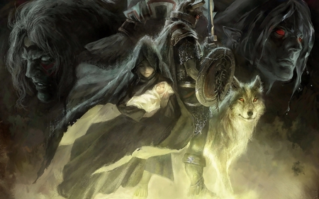 The Protectors - anime, wolf, hood, pixiv fantasia, guy, night, light, beast