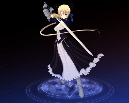 Saber - excalibur, sword, green eyes, fate stay night, anime, magic spell, long hair, blonde hair, blue dress, gloves, saber, weapon, metal boots, gauntlet