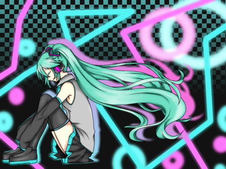 Hatsune Miku - aqua, headset, thighhighs, music, anime girl, white, art, cool, artistic, hatsune miku, skirt, light, song, vocaloids, glow, program, vocaloid, lines, beautiful, pink, uniform, diva, beauty, nice, twintail, singer, black, virtual, pretty, idol, anime, miku, cute, girl, cg, hatsune, abstract, microphone, headphones, tie, digital, awesome, gray