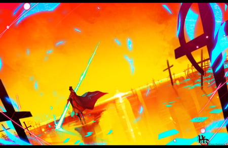 The Warrior - spear, warrior, scenery, anime, sunset, pixiv fantasia, guy