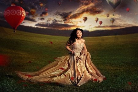 WIND OF CHANGE - field, gold, air balloons, female, dress