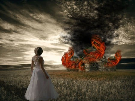 BURNING DREAMS - house, female, burning, fire, smoke, dreams