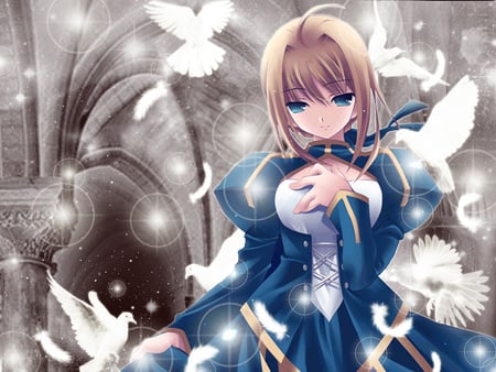 Sacred Temple - sacred, saber, birds, anime girl, temple, fate stay night