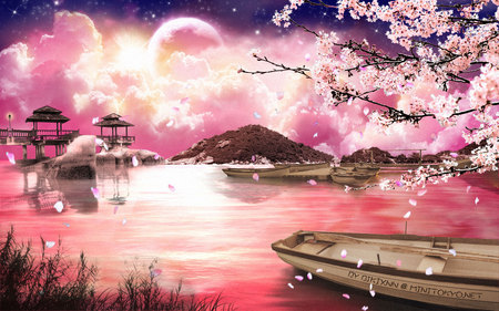 Beautiful this Morning - moon, cherry blossom, town japan, beautiful, boat, cloud, sunshine, laker