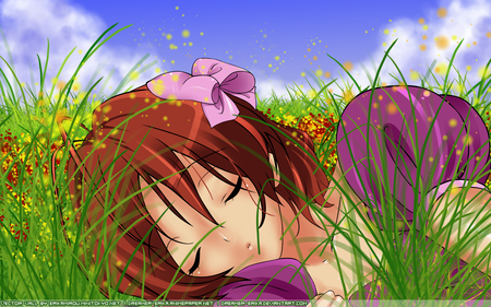 In the Land of the Morning Star - pretty, key, game, anime, female, fields, girl, nagisa, furukawa, sleep, cute, ribbon, clannad