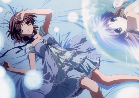 Nagisa & Ushio - nagisa, key, long hair, ushio, world, illusionary, okazaki, game, clannad, anime, short hair