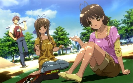 Over here, Tomoya !! - nagisa, key, park, sanae, furukawa, baseball, game, clannad, together, family, anime, bat, akio