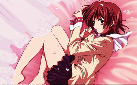 Once Upon a Dream - key, game, anime, skirt, school, nagisa, furukawa, pink, uniform, short hair, curtain, bed, cute, clannad