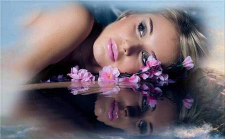 Beauty and spring - lips, girl, eyes, branch, spring, face, reflection, pink, blossom, beautiful girl, flower