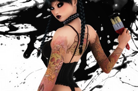 The gothic girl - paint, image, girl, gothic, arms, hair, body, dark, black, tattoos, digital, brush, wall, wallpaper, earings