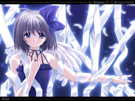 Blue Nishimata Aoi - nishimata aoi, anime, blue, wings, girl, ribbons