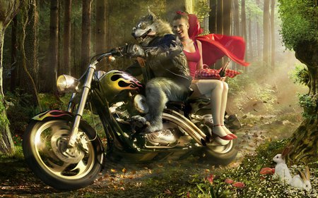 The big bad wolf - bike, image, wallpaper, motorbike, bad, wolf, art, redhood, forest, woods, wall, big, fairy tale, digital