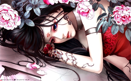 Roses - anime, tattoo, girl, roses