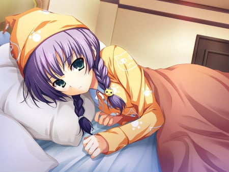 in the bed - bed, pajamas, girl, tomose shunsaku, cute