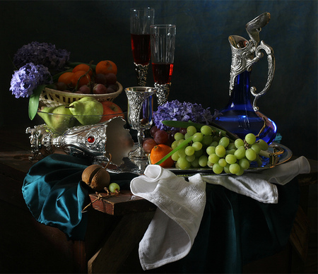 still life - elegantly, blue, photo, flowers, wine, old, fruit, nice, silk, hyacinths, beverage, beautiful, photography, cool, still life, flower, harmony, pear, grapes, glasses, silver, tangerines, apple