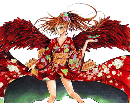 Blond Girl - kimono, angel, blond girl, red wings