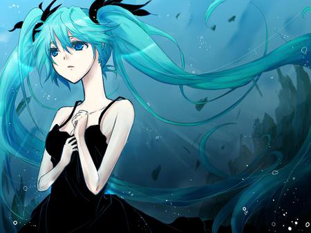 Hatsune Miku - Deep Sea Girl - pretty, artistic, nice, program, beauty, virtual, cg, coral, white, cute, aqua eyes, song, vocaloid, anime, ocean floor, blue, twintail, dress, hatsune miku, music, aqua, deep sea girl, black dress, art, idol, anime girl, water, beautiful, sea, singer, girl, cool, ocean, black, miku, awesome, diva, digital, aqua hair, hatsune, vocaloids, fish