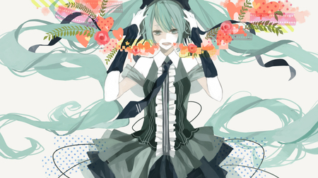 Hatsune Miku - virtual, miku, digital, vocaloids, song, microphone, singer, cool, pink, headphones, awesome, flowers, vocaloid, anime, twintail, cg, maid, aqua hair, hatsune, black, cute, beautiful, hot, girl, anime girl, white, costume, heart, program, aqua eyes, artistic, pretty, aqua, beauty, art, diva, maid costume, nice, sexy, idol, headset, music, green, hatsune miku