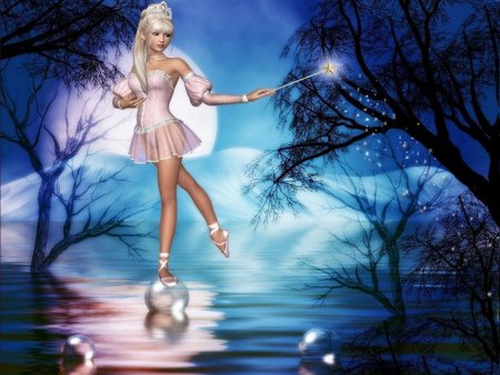 PRETTY FAIRY - pretty, moon, trees, fairy, night, reflection