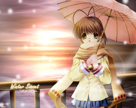 Winter Sunset - key, game, anime, winter, nagisa, furukawa, glove, umbrella, sunset, scarf, clannad