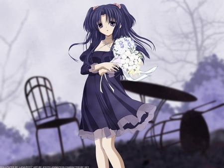 Thank's for coming... - pretty, key, game, anime, ponytail, dress, kotomi, flowers, black, cute, clannad, ribbons