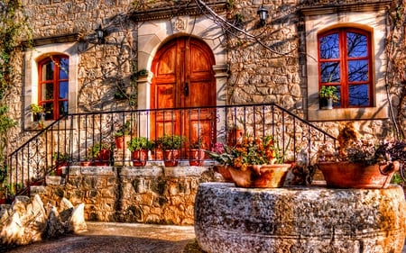 Beautiful House - stairs, beauty, windows, peaceful, colorful, villa, view, pretty, architecture, house, houses, vases, lovely, vase, beautiful, colors, flowers