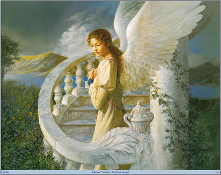 Radiant Angel - stairway, lake, mountain, angel