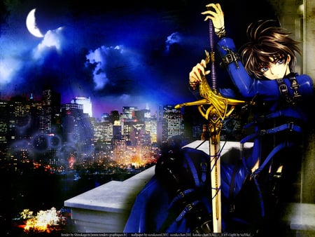 Night of City - moon, cloud, night, city, shirou kamui, sword, x, x 1999