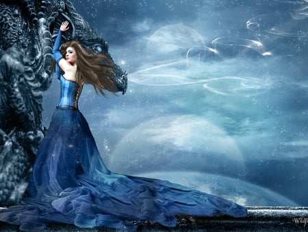 dragon keeper - moon, female, blue, queen, dress, girl, stars, moons, fantasy, dragon, sky