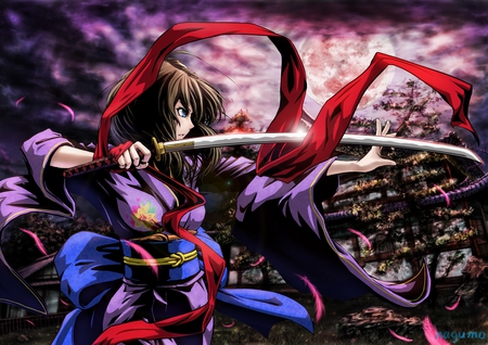 Kara no Kyoukai - anime girl, beautiful, hot, sword, beauty, kimono, brown hair, cool, badass, blade, purple, awesome, katana, cute, bow, sexy