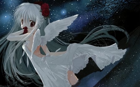 Night Angel - stars, angel, girl, night, wings, anime, dress