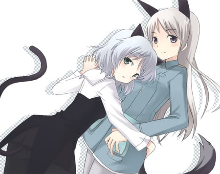 strike witches - sanya v litvyak, eila ilmatar juutilainen, gray hair, green eyes, long hair, blue eyes