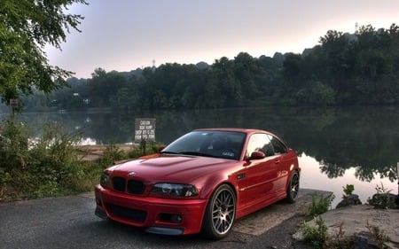 red - alone, lake, red, bmw