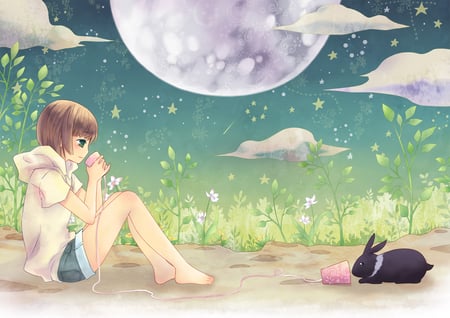 hi there...little bunny ;d - moon, sky, little black bunny, green eyes, stars, flowers, short hair, cute girl