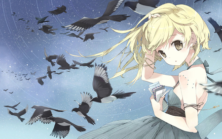 loli night - birds, animal, girl, cute, blonde hair, sky