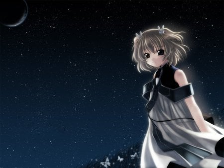 Naruse Chisato - dark moon, dress, girl, angelic, dark sky, stars