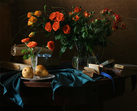 still life - nice, roses, photography, bouquet, rose, still life, cool, kettle, old, harmony, pear, cup, fruit, beautiful, books, flowers, photo, elegantly, flower